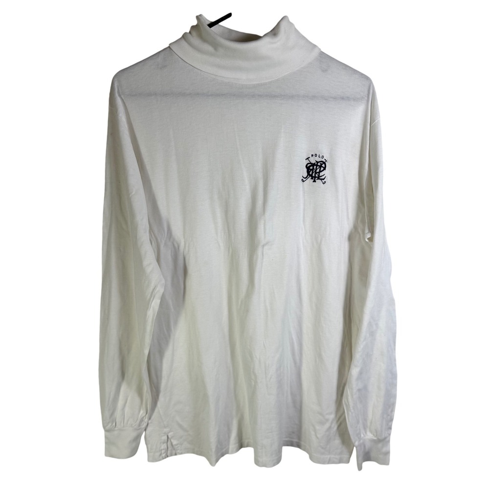 VTG Polo Ralph Lauren Mens XL White Fine Cotton Turtlenck Long Sleeve Crest Logo